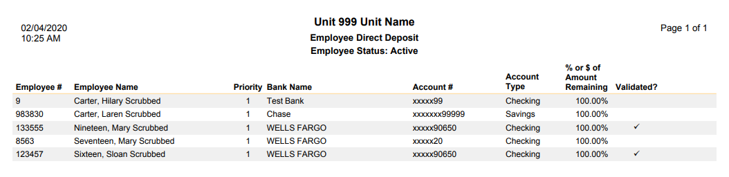 sample employee direct deposit report